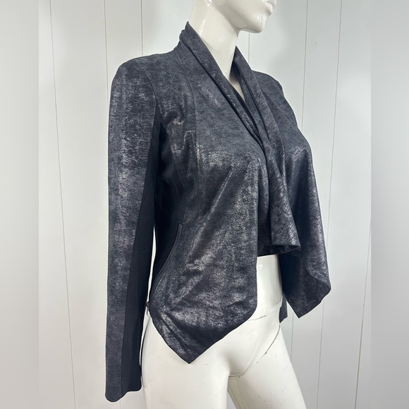 Cache Sz S Black Coated Drape Open Front Cardigan Sweater Side & Sleeve Zip - Picture 3 of 13